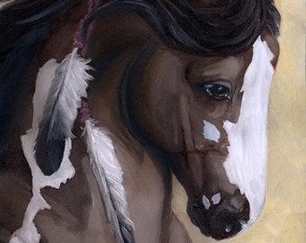 Rose Bay Overo Blaze War Horse Stallion Profile Oil Painting 8 x 10 Art Print - Brandy Woods