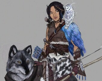 D&D Human Shoanti Tribal Ranger with Bow and Direwolf - fantasy art print