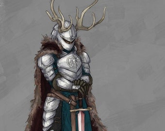 Reindeer Knight - Sword and Sorcery Fantasy warrior RPG art print - Brandy Woods