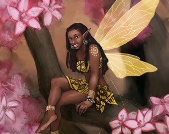 Copper - African Fairy with Impala Lily Flowers Fantasy Art Print 8.5 x 11 - Brandy Woods