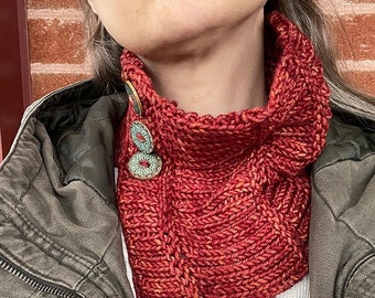 Handmade Ribbed Knit Cowl Neckwarmer in Rustic Red