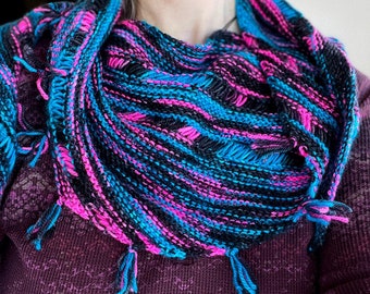 Hot Pink Blue & Black 80s Retro-style Scarf or Shawlette in Hand-dyed Merino Wool