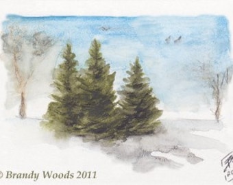 Three Pines winter 5x7 or 8.5x11 art print Brandy Woods