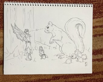 Faeries and Squirrel with Acorns - Original Pen & Ink Fantasy Drawing 9.5 x 12