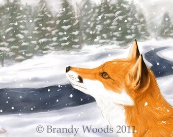 Red FOX in Snow winter animal wildlife cute ACEO sfa art print Brandy Woods