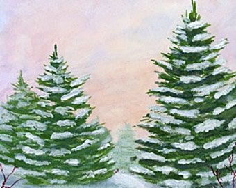 Evergreen Winter Forest Trees Snow Sunset Sunrise Art ACEO ATC Brandy Woods Three Pines