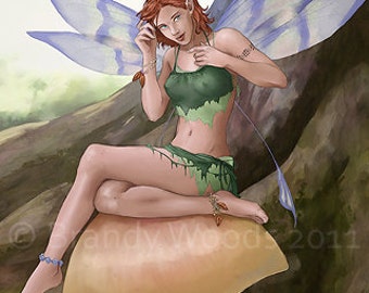 Fairy on Mushroom Fantasy magical goddess original ACEO art print Brandy Woods