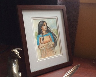 Native American Indian Woman Portrait 5x7 Original Watercolor Artwork by Brandy Woods