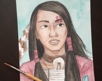 Lakota Native American Indian Man Portrait 5x7 Original Watercolor Artwork by Brandy Woods