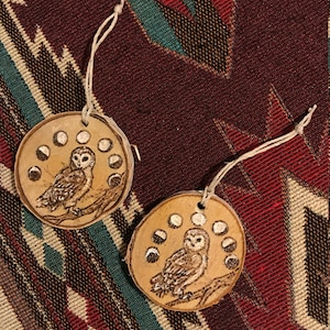Woodburned Wooden Barn Owl & Moon Phases Birch Ornament