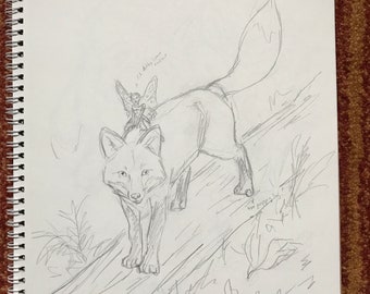 Fairy Riding A Fox - Original Pencil Fantasy Drawing 9.5 x 12