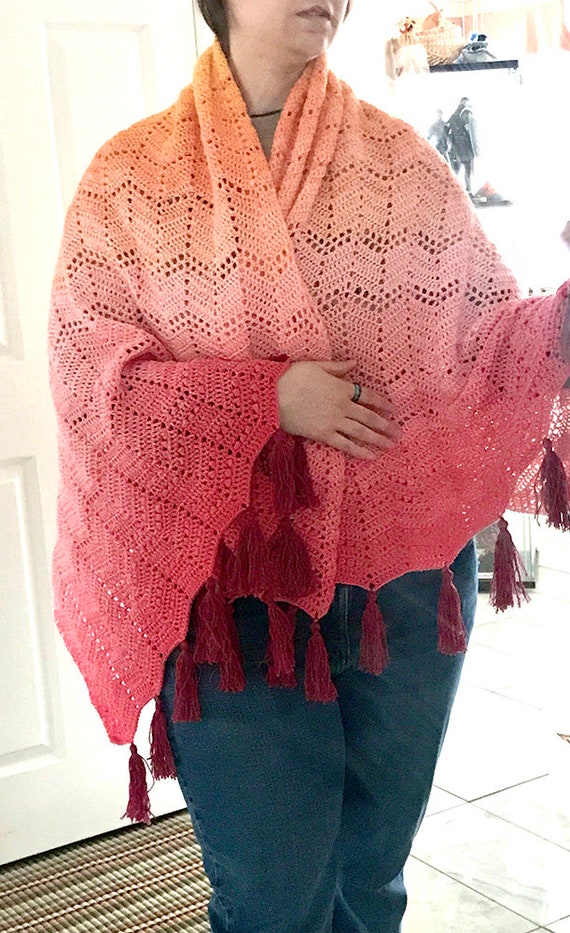 ハンドメイドかぎ針編みショールラップ：コットンアクリル混紡、ワイン