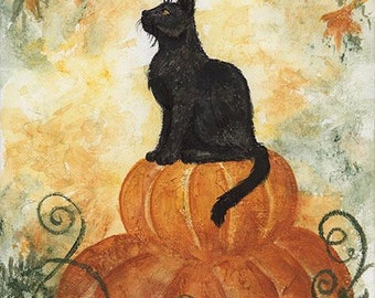 Original Acrylic Painting - Halloween Harvest Kitty Cat Pumpkin Autumn magical illustration Thanksgiving art artist - Brandy Woods