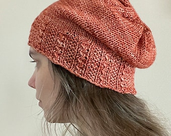 Coral Orange Merino Wool Knit Beanie Hat - Semi-Slouchy Style - Ready to ship!