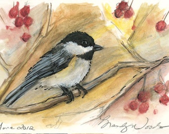 Watercolor CHICKADEE bird Original Artwork Painting 4" x 6" - Brandy Woods