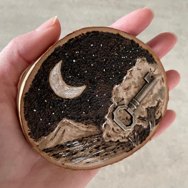 Key to the Moon - Moon Magick - Woodburned Plaque 3" x 3.5" - Witchy Altar Tile Artwork