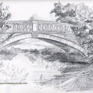 Bridge Over the River White Cart - Glasgow, Scotland - Landscape Sketch Drawing Artwork Print - by Brandy Woods