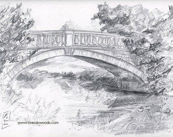 Bridge Over the River White Cart - Glasgow, Scotland - Landscape Sketch Drawing Artwork Print - by Brandy Woods