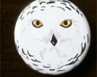 Snowy Owl face 1-1/2" button pin Nature Bird Wildlife - Brandy Woods
