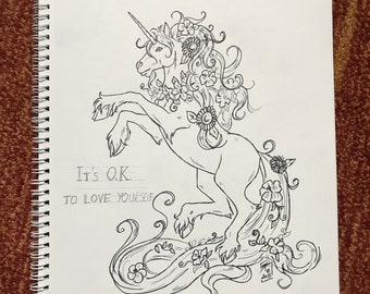 Self-Love Floral Unicorn - Original Pen & Ink Fantasy Drawing 9.5 x 12