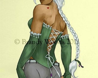 May include: A white-haired elf with pointed ears wearing a green corset with white lace trim and gray pants. The corset has a white ribbon tied at the back. The elf has a small red heart tattoo on her shoulder.