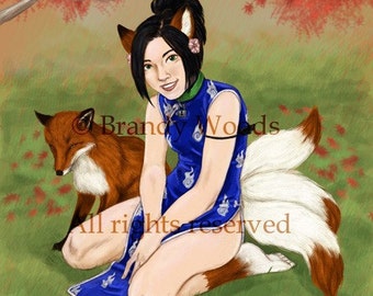 Cute Japanese KITSUNE Anthro girl fantasy art ACEO SFA print - Brandy Woods