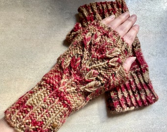 Botanical Wool Knit Mitts Wrist Warmers Handmade