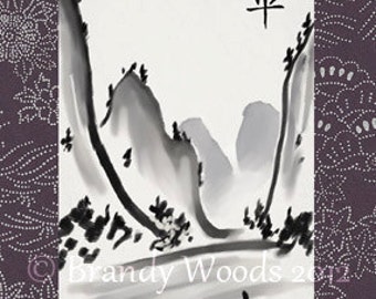Japanese Chinese Brush Painting Peace Mountains Wall Scroll Art ACEO ATC Brandy Woods