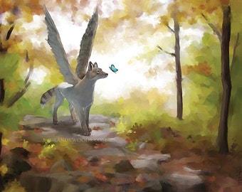 Fantasy Winged Fox in Forest magical illustration art print - Brandy Woods