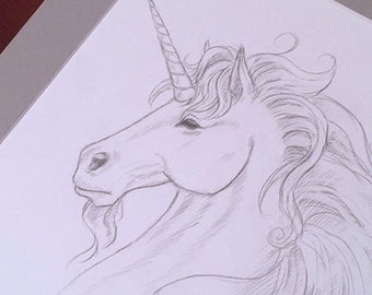 Fantasy Unicorn Portrait in Graphite - Matted Original Pencil Drawing - Brandy Woods