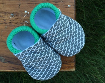 Baby Shoes - Grey/Gray Fish Scale Print with Solid Jade Green - Custom Sizes 0-3 3-6 6-12 12-18 18-24 months 2T 3T 4T