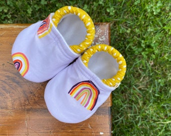 Baby Shoes - Lavender Fabric with Rainbows and Mustard Polka-Dot - Custom Sizes 0-24 months 2T-4T