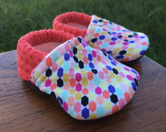 Baby Shoes - Multi-Colored Geometic Print with Coral Polka-dot Fabric - Custom Sizes 0-24 months 2T-4T