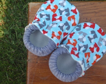 Baby Shoes - Red, Orange, Grey and Blue Fox Print - Custom Sizes 0-3 3-6 6-12 12-18 18-24 months 2T 3T 4T