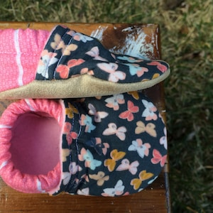 Baby Shoes - Butterflies in Pink, Mustard, and Pale Blue on Deep Grey with Pink and White Stripe - Custom Sizes 0-24 months 2T-4T