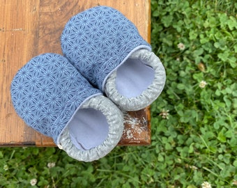 Baby Shoes - Blue Geometric Print with Grey X Fabric - Custom Sizes 0-24 months 2T-4T