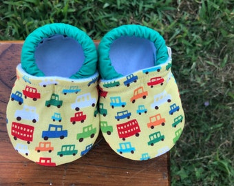 Baby Shoes - Green, Blue, Red and Orange Car Print - Custom Sizes 0-3 3-6 6-12 12-18 18-24 months 2T 3T 4T