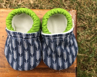 Baby Shoes - Dark Blue Fabric with Arrow End Pattern and Green Solid - Custom Sizes 0-3 3-6 6-12 12-18 18-24 months 2T 3T 4T