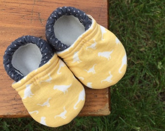 Baby Shoes - Yellow Dinosaur Print with Dark Grey Fabric - Custom Sizes 0-24 months 2T-4T