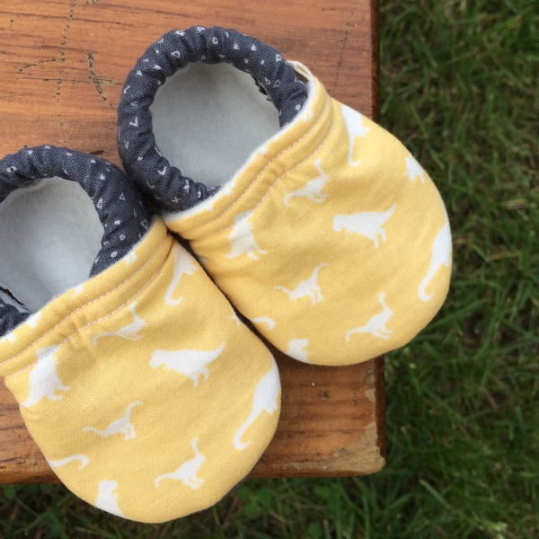Baby Shoes - Yellow Dinosaur Print with Dark Grey Fabric - Custom Sizes 0-24 months 2T-4T