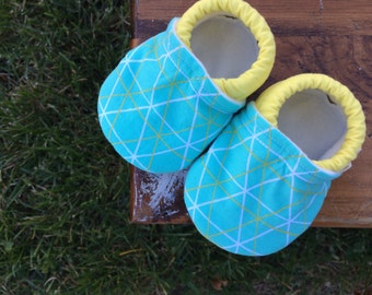 Baby Shoes - Teal Geometric Print with Yellow - Made to Order Sizes 0-24 months 2T-4T