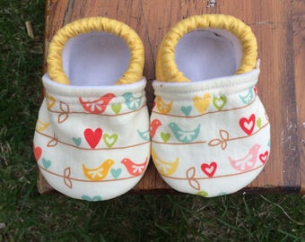 Baby Shoes - Pastel Birds with Hearts and Leaves - Custom Sizes 0-24 months 2T-4T