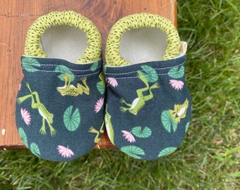 Baby Shoes - Deep Green Fabric with Frogs and Lily Pads with Bright Green Dash Print  - Custom Sizes 0-24 months 2T-4T