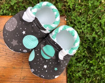 Baby Shoes - Charcoal Grey, Teal and White Space Fabric with Chevron - Custom Sizes 0-24 months 2T-4T