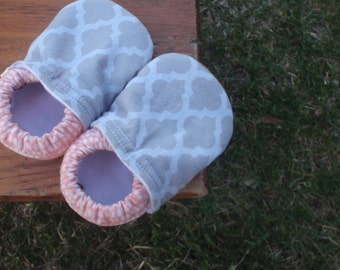 LAST PAIR - Baby Shoes - Grey Moroccan Pattern with Pink Little Dash Fabric  - Custom Sizes 0-24 months 2T