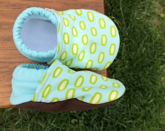 Baby Shoes - Light Blue and Multi-Green Fabric - Modern Geometric - Custom Sizes 0-24 months 2T-4T