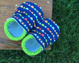 Baby Shoes - Navy Blue with Orange, Green and Red Flags with Polka Dot Fabric - Custom Sizes 0-3 3-6 6-12 12-18 18-24 months 2T-4T