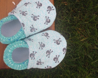 Baby Shoes - Grey/Gray Pirate Skulls with Teal Blue and White Retro Dot Print - Custom Sizes 0-24 months 2T-4T