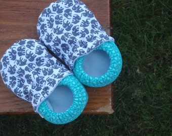 Baby Shoes - Little Grey Elephants with Teal Circles - Custom Sizes 0-3 3-6 6-12 12-18 18-24 months 2T 3T 4T