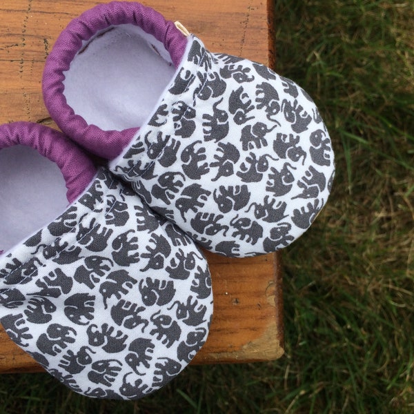 Baby Shoes - Little Grey Elephants with Mauve Purple Fabric - Custom Sizes 0-3 3-6 6-12 12-18 18-24 months 2T 3T 4T